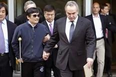 A handout photo from US Embassy Beijing Press office shows blind activist Chen Guangcheng (2nd L) being accompanied by U.S. Assistant Secretary of State for East Asian and Pacific Affairs Kurt Campbell (front R) and U.S. Ambassador to China Gary Locke (C), in Beijing, May 2, 2012.