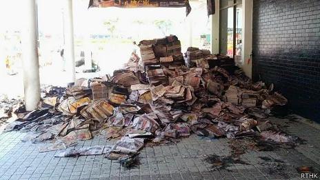 被焚毁的《苹果日报》堆在香港大会堂门外（香港电台图片30/6/2013）