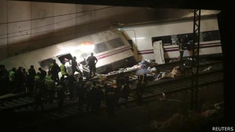 西班牙圣地亚哥坎普斯特拉火车脱轨现场救援人员摸黑搜救（24/7/2013）