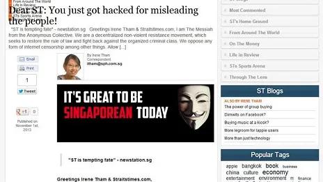 据称被匿名者成员攻击的新加坡《海峡时报》记者博客页面（网络截屏1/11/2013）