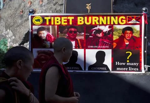 2011年10月19號，印度抗議者展示自今年3月以來西藏僧侶自焚者的照片。