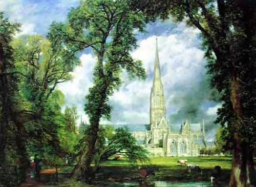 從主教花園望見的索爾茲伯里大教堂，約翰·康斯太勃爾，1823年。