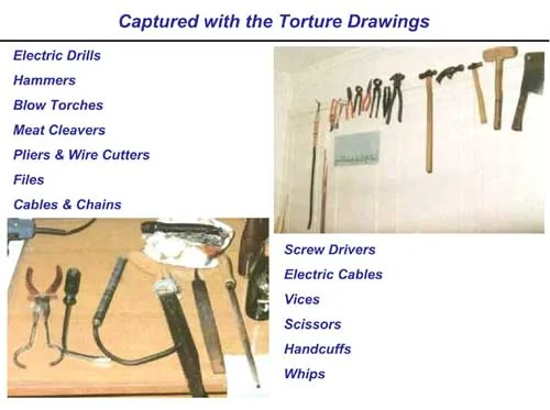 实施酷刑的工具展：电钻、锤