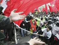 一中国学生用旗杆打抗议者