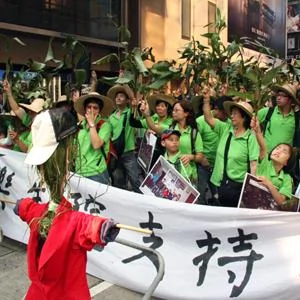 抗議者穿著綠色服裝揮舞綠色富貴竹葉推著人力車