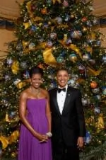 第一家庭在白宫蓝厅圣诞树前