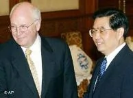 U.S. Vice President Dick Cheney, left, and Chinese President Hu Jintao shake hands during a meeting at the Diaoyutai state guesthouse in Beijing, Wednesday, April 14, 2004. Cheney planned to prod China's leaders about intensifying efforts to resume six-country talks on North Korea's nuclear program and express concerns over Beijing's efforts to restrict democracy in Hong Kong. (AP Photo/Ng Han Guan, Pool)