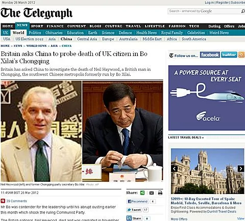 英國電訊報3月26日報導英國政府要求中國調查據稱跟薄熙來(右)家人關係密切的英國人尼爾•海伍德(左)死亡事件的截圖