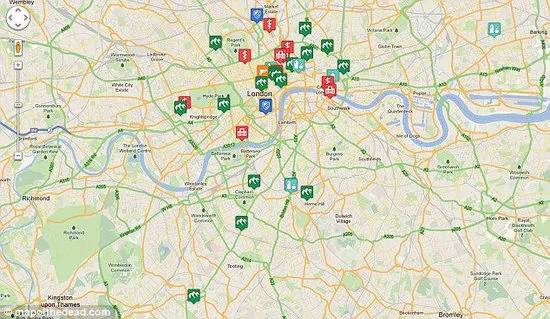 伦敦地区的大图显示的所有提供幸存必需品的零售店，更多的储藏僵尸必需品的地点并没有立刻显示出来，用户需要放大地图才能看到 