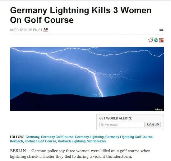 德國某高爾夫球場釀慘劇 3名打球女子遭雷劈身亡(圖)