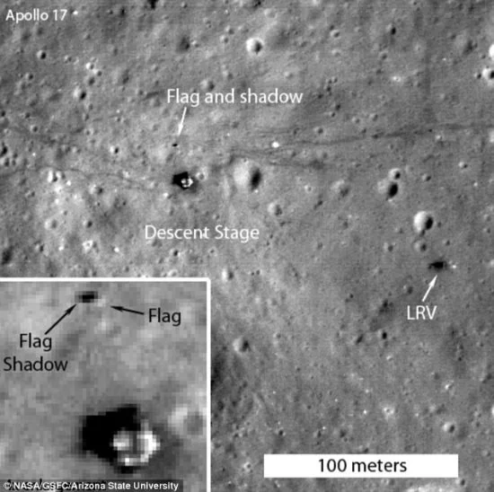1972年12月，「阿波羅17」號太空人將一面美國國旗插在月球表面。「阿波羅17」號是最後一次登月任務。這幅照片由月球勘測軌道器的照相機拍攝，上面箭頭所指的就是國旗以及投下的影子