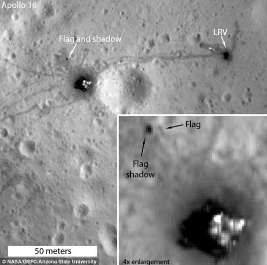 左侧箭头所指的就是1972年4月“阿波罗16”号期间插在月球表面的美国国旗和投下的影子