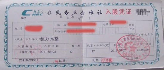 連雲港東陽農村經濟信息合作社入股憑證，憑證上清晰地印着：農民專業合作社。