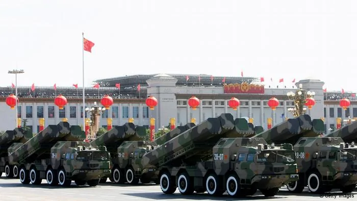BEIJING - OCTOBER 01: Chinese military missiles are displayed at a massive parade to celebrate the 60th anniversary of the founding of the People's Republic of China on October 1, 2009 in Beijing, China. The grand celebrations to commemorate the 60th anniversary of the founding of the People's Republic of China included a military parade and mass pageant consisting of about 200,000 citizens in Tian'anmen Square. (Photo by Feng Li/Getty Images) 