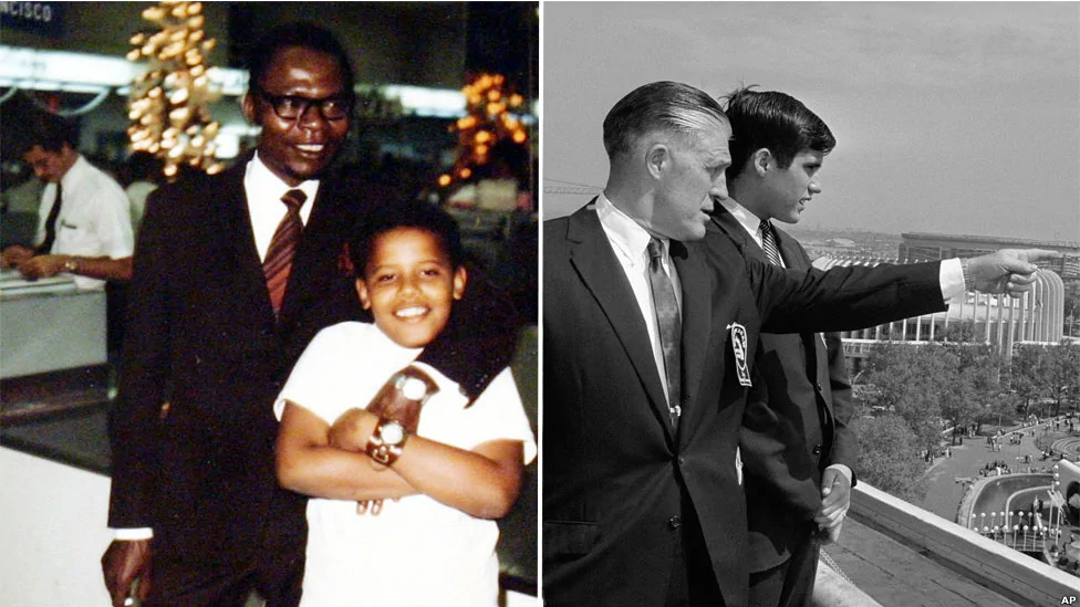 奥巴马的名字来源于他的父亲，一位来自肯亚的经济学家。不过，这位父亲缺席了他的大部分人生。图中，他罕见地来到夏威夷看望儿子。罗姆尼和他的父亲很亲近——在乔治·罗姆尼担任密歇根州州长后，他们在纽约世界展览中被拍到了合影。（图片均来自AP）。