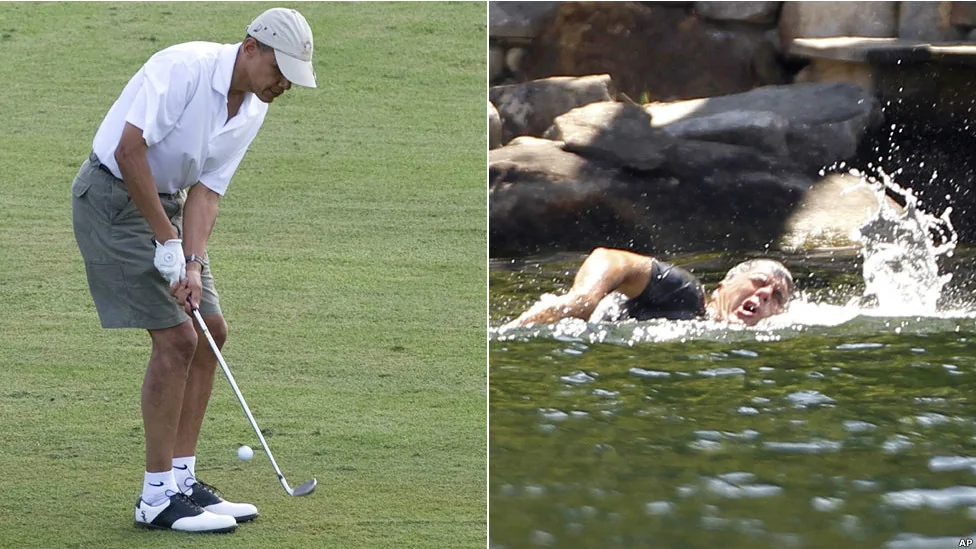 那么总统和高尔夫呢？奥巴马经常打高尔夫——尽管他承认他的技术并不高明，只是喜欢处于露天之中。罗姆尼显然喜欢露天，以及露天的水——他在他的度假住宅附近的湖中畅泳。