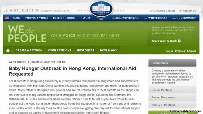 *****ACHTUNG NUTZUNG NUR ZUR BERICHTERSTATTUNGüBER DIE UNTEN GENANNTE SEITE**************Screenshot abrufbar unter: https://petitions.whitehouse.gov/petition/baby-hunger-outbreak-hong-kong-international-aid-requested/xVSGJNN1 am1.2.2013. Copyright: petitions.whitehouse.gov
