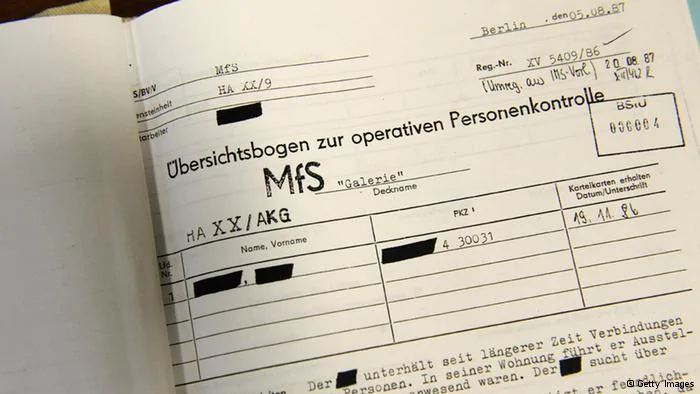 The copy of a report on surveillance operations made in1987 by the hated East German secret police, the Stasi, is pictured on June25,2008 at the Stasi archives in Berlin's Lichtenberg district. The Office of the Federal Commissioner(BStU), a state-funded body which manages the archives of the former East German secret police Stasi, preserves the records of the Ministry for State Security of the GDR and makes these available for various purposes to private individuals, institutions and the public in accordance with strict legal regulations. AFP PHOTO BARBARA SAX(Photo credit should read BARBARA SAX/AFP/Getty Images)