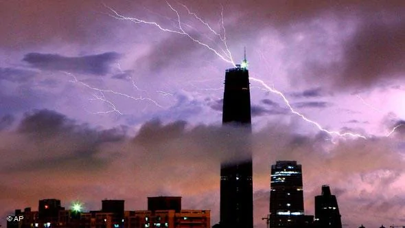 In this photo taken Wednesday, June3,2009, lightning strikes over Guangzhou International Finance Center during a rainstorm in Guangzhou, south China's Guangdong province.(AP Photo)** CHINA OUT**