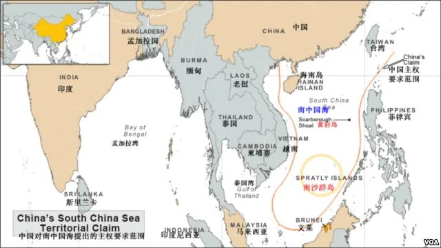 中国的南中国海主权要求范围示意图(有争议岛屿以英文与中国名称标示）