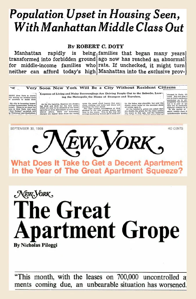 多年来，《纽约时报》、《纽约》杂志等媒体就一直在预言中产阶级之死。从上自下，分别是1950年、1907年、1968年、1968年、1969年和1969年的相关剪报。