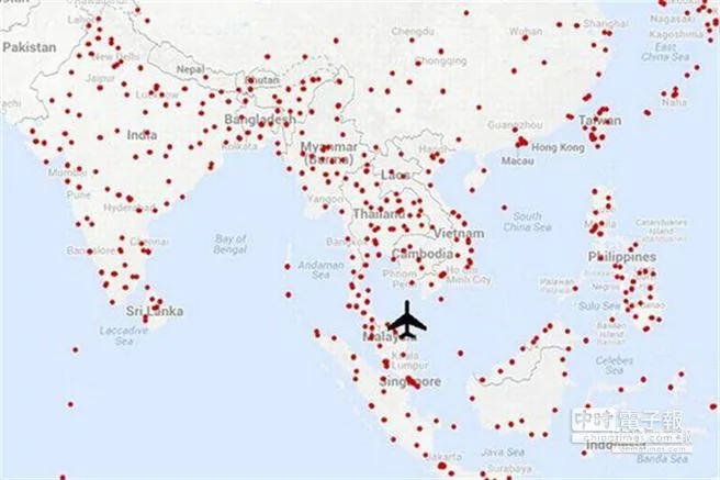 WYNC製作的地圖，標出馬航失聯班機可能降落的634條跑道。（翻攝自英國《每日鏡報》）