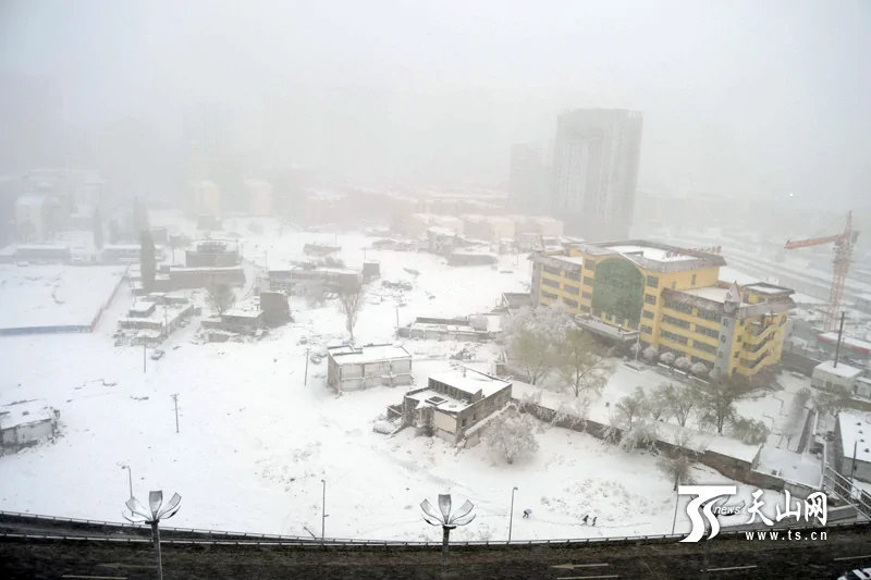 4月23日，受降雪天氣影響，烏魯木齊光明路車輛行駛緩慢。當日，新疆烏魯木齊市迎來大雪天氣，氣象台發佈暴雪黃色預警信號。新華社發（吳壯）