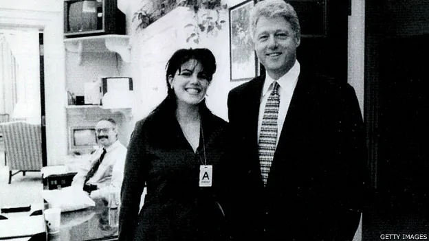 莱温斯基（左）与克林顿在白宫办公室内合影（资料图片）