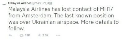 馬航已經證實與失事班機MH17失聯。（照片擷取自推特）