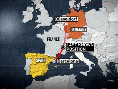 原订今由西班牙巴塞隆纳飞往德国杜赛道夫的A320客机，经过阿尔卑斯山南部时，突失去讯号失联。（图取自ABC NEWS）