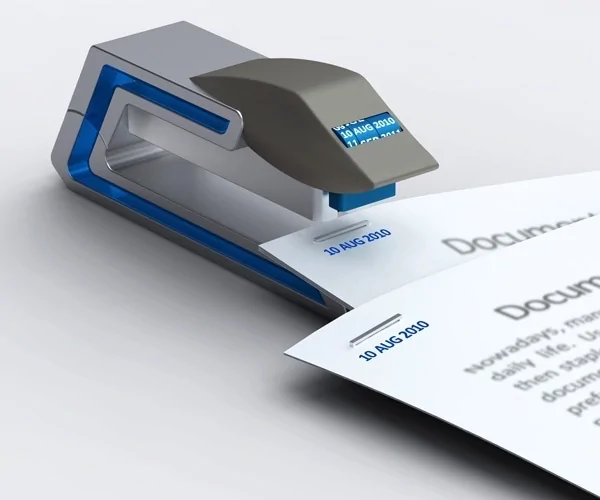 A stapler that stamps the date onto documents.