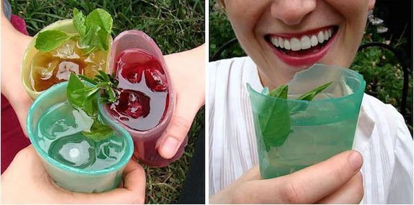 Bendable and edible cups made from gelatin.
