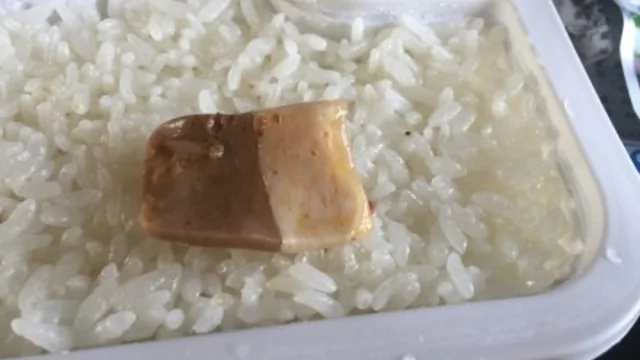 乘客在高铁车上买了一份“回锅肉套餐”，打开后发现饭里的肉片，竟是由染色蒟蒻仿冒而成。