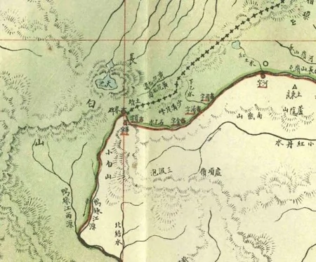 日本人繪製的《間島附近形勢圖》（1910年），根據《間島條約》，中朝以定界碑到石乙水為界，天池在中國境內。（網絡圖片）