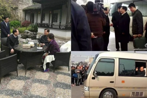 胡錦濤日前回鄉泰州後，江蘇省省長石泰峰（左圖左一）到胡錦濤住處拜訪。（網絡圖片）
