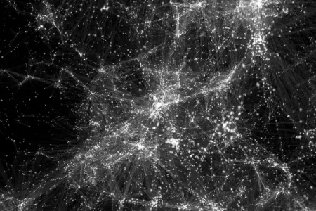 第二个模式：网孔半径根据星系大小而变化。（Kim Albrecht视频截图）