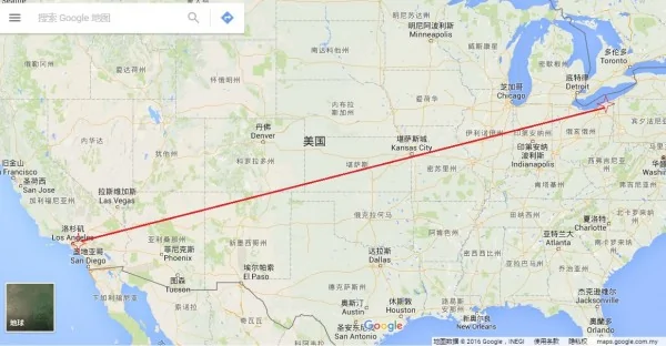 两个目击地点的距离示意图（谷歌地图截图）