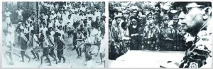 左圖為印尼反共大清洗中，大批華裔無辜成為受害人。（資料畫面）右圖為蘇哈托出席未遂政變中遇難軍方將領的葬禮。（印尼政府）