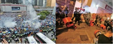 左圖：14年9月28日，警方從傍晚6時起在中環一帶，向和平請願市民施放數十枚催淚彈。右圖：今年年初一，警民在旺角街頭爆發流血衝突。（大紀元資料圖片）