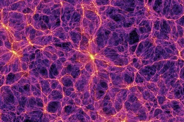 天文學家最近發現橫跨10億光年的波斯長城（BOSS Great Wall），據信是宇宙中最大的結構。圖為宇宙網的示意圖，那些由超星系團所組成的長城就是最粗的網線。（Volker Springel/Max Planck Institute For Astrophysics/SPL）