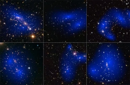 科學家曾根據星系碰撞，繪製星系團中的暗物質（顯示為藍色），發現暗物質超乎想像。（NASA/ESA/D. Harvey/R. Massey等）。