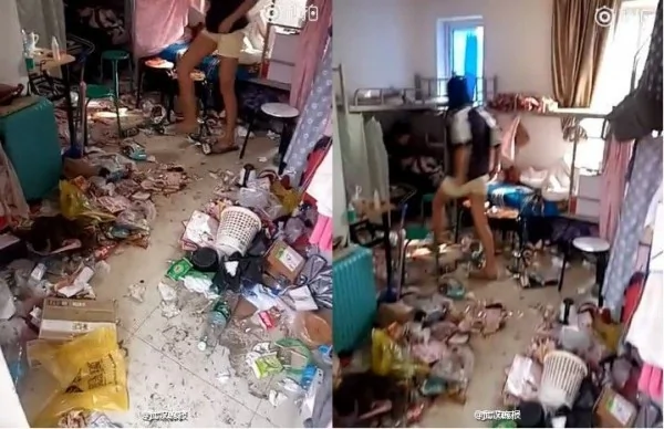 中國網絡近日流傳一段影片，內容為一間奇髒無比的女大生宿舍。（圖擷取自影片）
