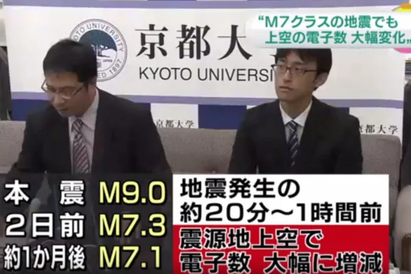 京都大学的梅野健教授的研究小组的研究发现，7级以上的大地震发生前的20分至1小时，震源上空电离层的电子数量发生了异常变化。（视频截图）