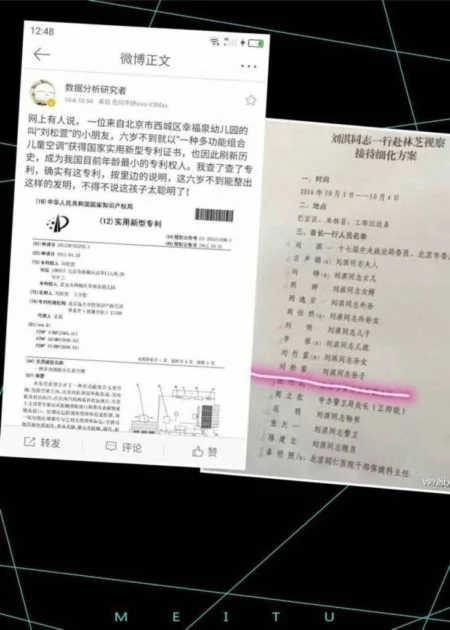劉淇六歲孫子獲國家專利，網民質疑。（網絡圖片）