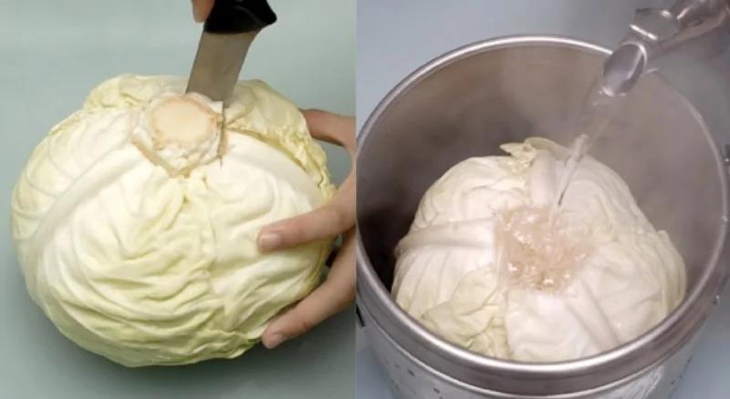 他用刀子挖出高丽菜心后 接着把滚烫的热水倒进心里面 30分钟后妈妈都佩服了… 组图.