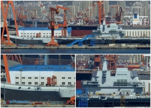 網友拍攝的照片顯示，〝001A型〞航母已完成塗漆程序。（網絡圖片）