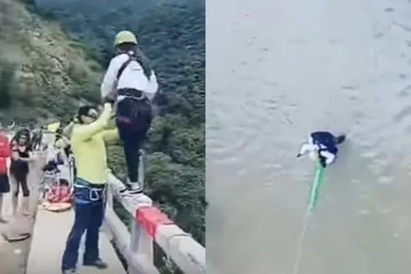 少女开心玩高空弹跳绳子太长坠河险丧命