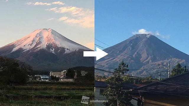 苏拉台风路过日本 把富士山山顶初雪吹光