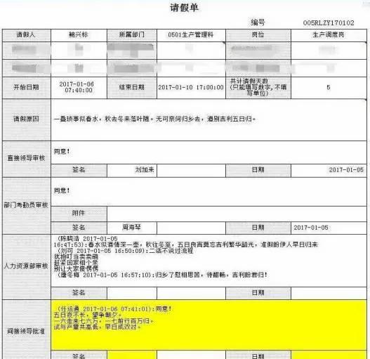 苏州女子奇葩请假单:前一天没吃肉 请假半天