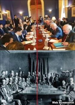 中國微博上出現的美中兩國官員日前在美國首都華盛頓舉行貿易談判的照片與1901年清朝政府與西方多國簽訂《辛丑條約》的照片做對比 (網絡截圖)